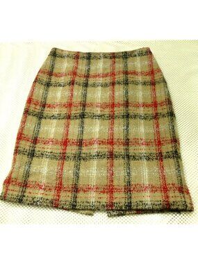 Talbots Womens Plaid Wool Blend Skirt Beige/Red Size 4 Fully Lined